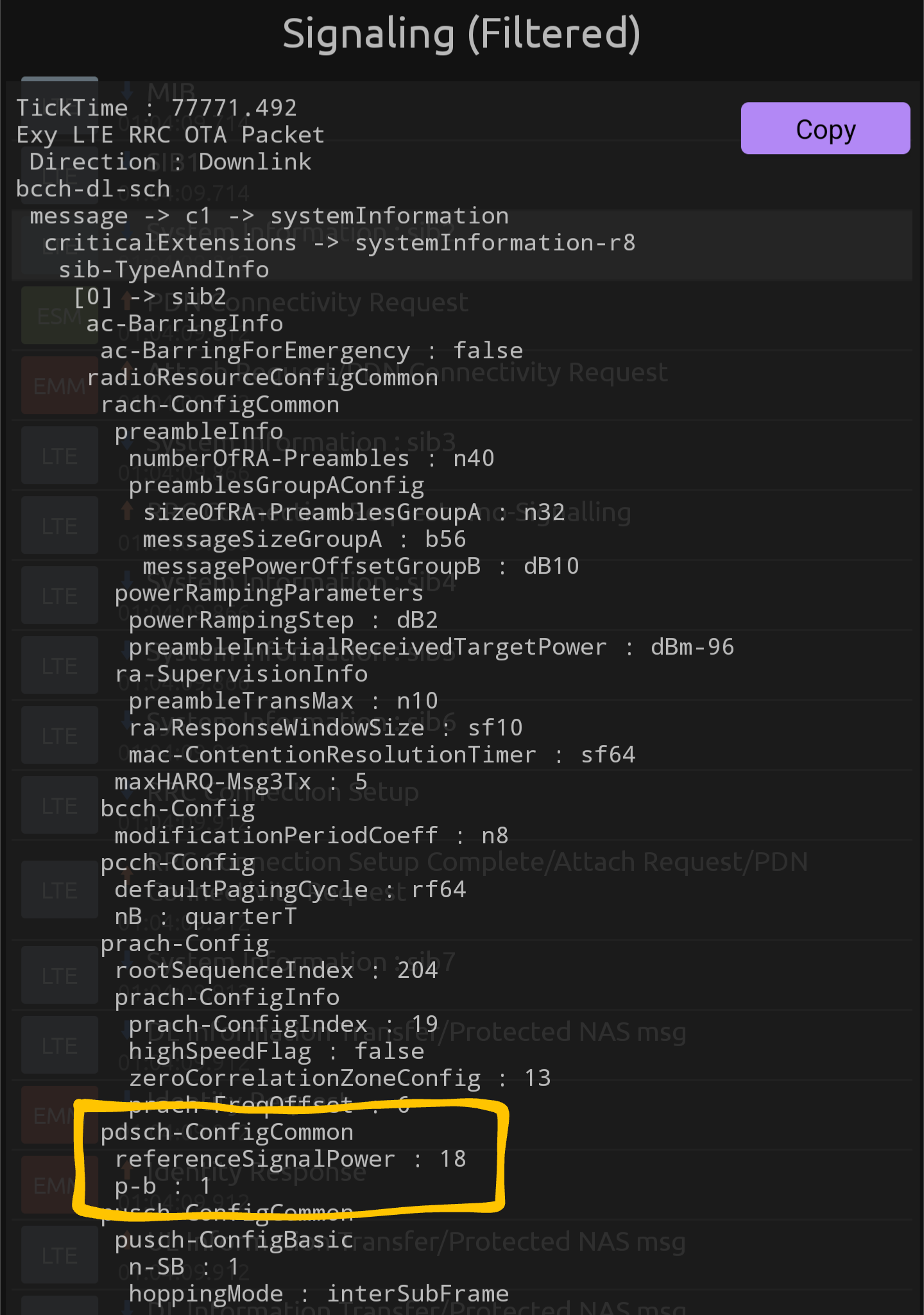 Screenshot showing LTE SIB2